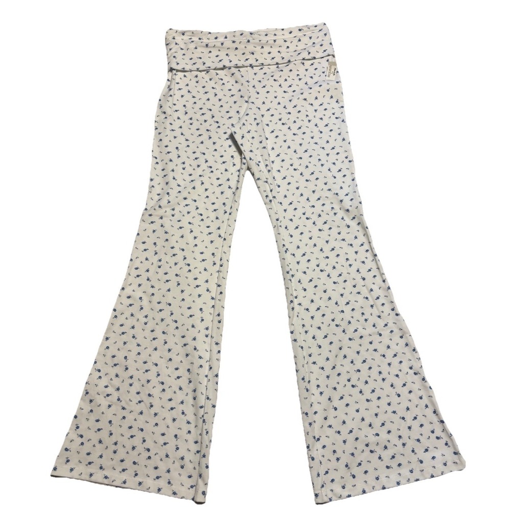 Women's White Flare Leg Foldover Leggings Sz Large Dainty Blue Flowers Stretch